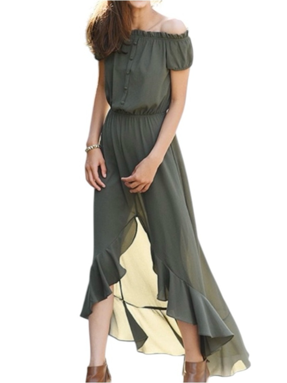 Elegant Olive Green Off-Shoulder Dress s Small
